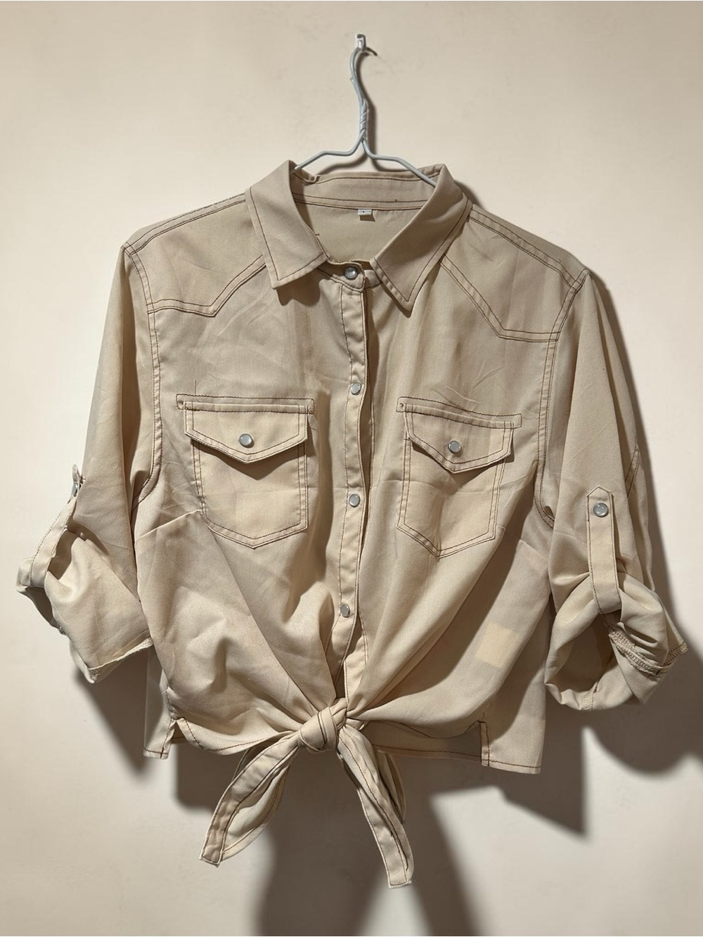 Classic Tie-Front Button-Up Shirt in Beige